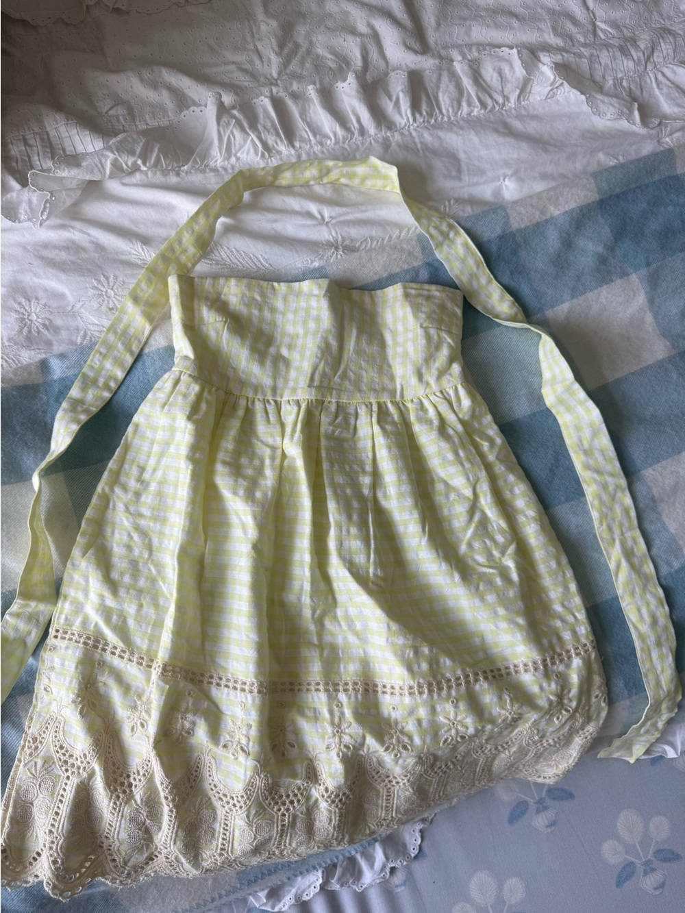 Women’s Yellow Gingham Mini Dress with Lace Trim and Neck Scarf